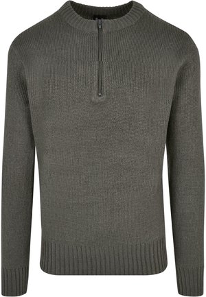 Grijze gebreide trui met een ronde halslijn en korte rits aan de voorkant. Heeft ribgebreide manchetten en een onderste zoom, wat zorgt voor een gestructureerde afwerking.