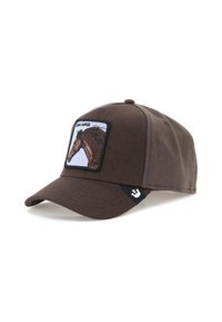 Cappello marrone in tessuto misto cotone, con un patch rettangolare ricamato sulla parte anteriore raffigurante la testa di un cavallo e un'etichetta nera sul lato.