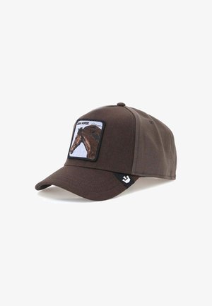 Cappello marrone in tessuto misto cotone, con un patch rettangolare ricamato sulla parte anteriore raffigurante la testa di un cavallo e un'etichetta nera sul lato.