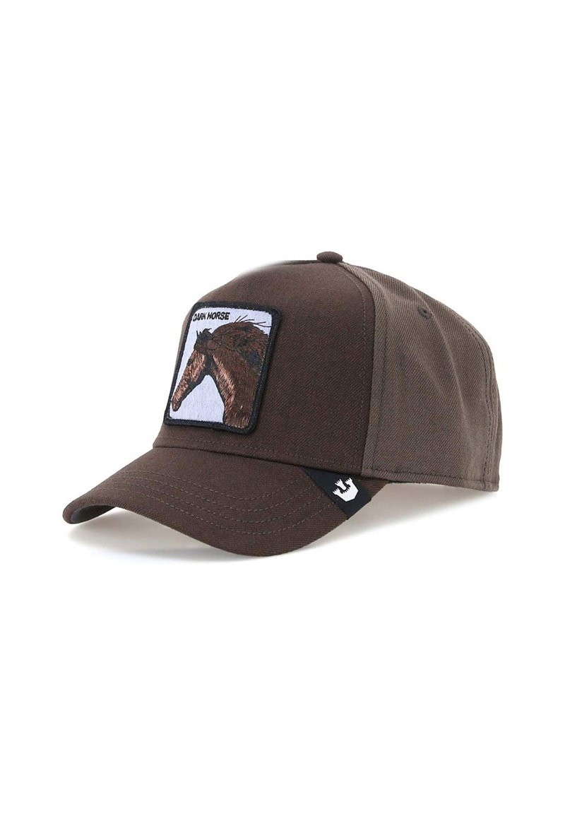 Cappello marrone in tessuto misto cotone, con un patch rettangolare ricamato sulla parte anteriore raffigurante la testa di un cavallo e un'etichetta nera sul lato.