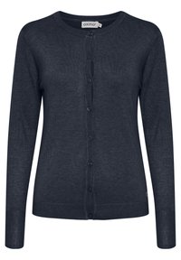 Cardigan bleu marine foncé en tissu léger, avec des manches longues, un col rond et une fermeture à boutons avec des accents côtelés.
