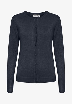 Tume sinine kardigan, mis on valmistatud kergest kangast, millel on pikad varrukad, ümmargune kaelus ja nööpidega esikülg ribakujundustega.