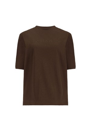 Brązowy t-shirt z krótkim rękawem i okrągłym dekoltem, z wytłoczonym logo "LAMANIA" na środku klatki piersiowej, prezentowany na jednolitym białym tle.