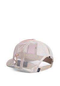 Mütze mit beigefarbenem Mesh-Rücken, orangefarbenen Akzenten und gemustertem Schirm. Verfügt über ein Logopatch und einen verstellbaren Snapback-Verschluss.