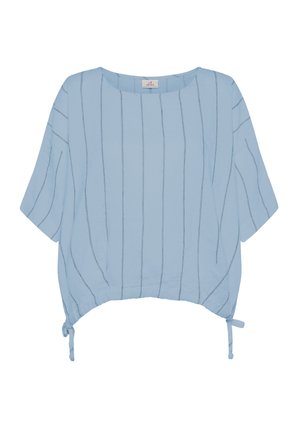 Lichtblauw shirt met korte mouwen, voorzien van verticale witte strepen en strikkoorden aan de onderkant. Gemaakt van lichte, gestructureerde stof.