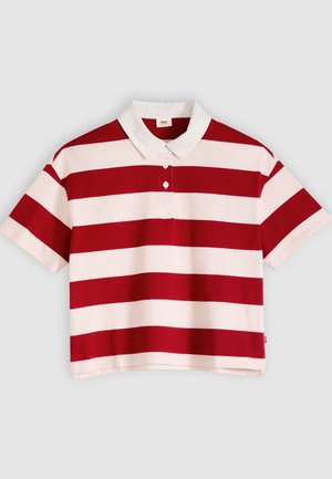 Κοντομάνικο πόλο με κόκκινες και λευκές οριζόντιες ρίγες και λευκό γιακά, εμφανισμένο σε απλό φωτεινό φόντο.