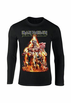 Zwarte lange mouwen t-shirt met een levendige grafiek van een skeletfiguur omringd door vlammen, met de tekst "Iron Maiden" erboven.