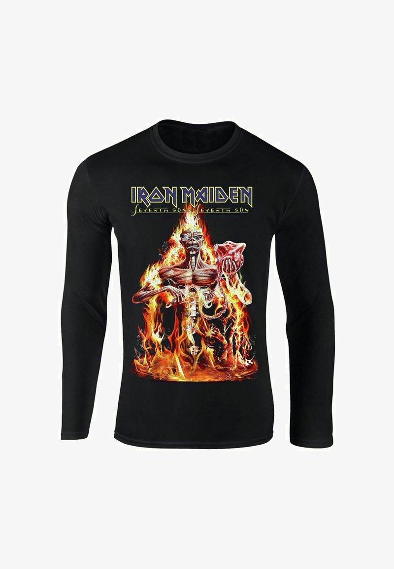 Svart långärmad t-shirt med en livlig grafisk bild av en skelettfigur omgiven av lågor, med texten "Iron Maiden" ovanför.