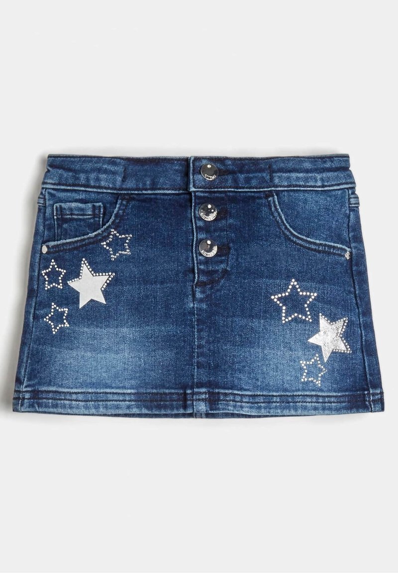 Mini-jupe en denim avec boutons devant, poches avant et motifs décoratifs en forme d'étoiles argentées de chaque côté.