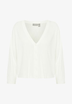 Biała dziergana kardigan z dekoltem w serek, zapinana na 5 guzików z przodu i z rękawami do łokcia. Miękka tekstura i luźny krój.