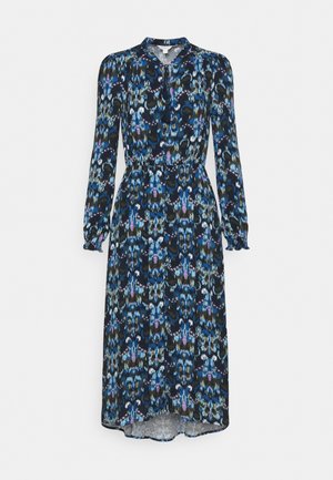 Robe à manches longues en tissu bleu foncé avec un motif floral en nuances de bleu, violet et vert. Détails à boutons au col, taille cintrée.