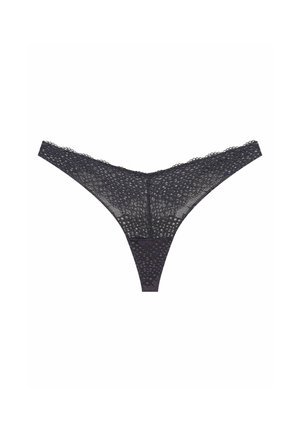 Koronkowe stringi w ciemnoszarym kolorze, z przezroczystym wzorem w kropki. Delikatny, teksturowany materiał z wyprofilowanym pasem i minimalnym zakryciem.