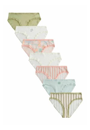 Sedem dámskych bikinových nohavičiek s čipkou usporiadaných vertikálne, s jednofarebnými, kvetinovými, patchworkovými, pruhovanými a vyšívanými vzormi v pastelových farbách.