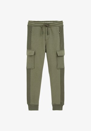 Pantalones jogger verde oliva con bolsillos tipo cargo, cinturilla elástica y paneles laterales texturizados. Hechos de una tela suave con puños acanalados.