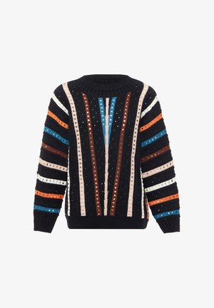 Pullover nero a maglia con strisce verticali multicolori in blu, arancione, marrone e crema. Filato strutturato con dettagli a punto aperto.