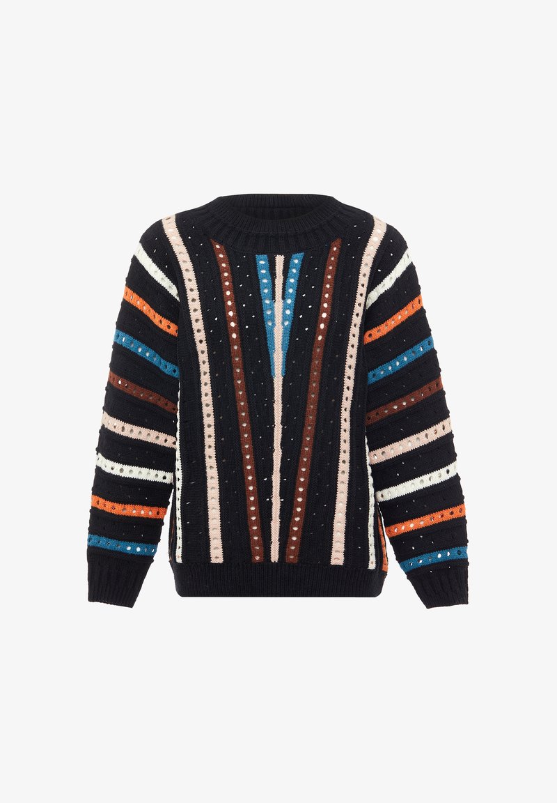 Schwarzer Strickpullover mit mehrfarbigen vertikalen Streifen in Blau, Orange, Braun und Creme. Strukturiertes Garn mit offenen Stitching-Details.