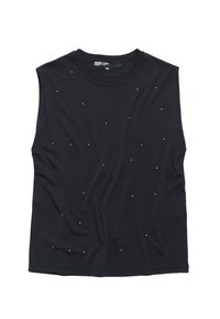 Zwarte mouwloze top van zacht materiaal, versierd met verspreide kleine rhinestones, met een ronde halslijn en een relaxte pasvorm.