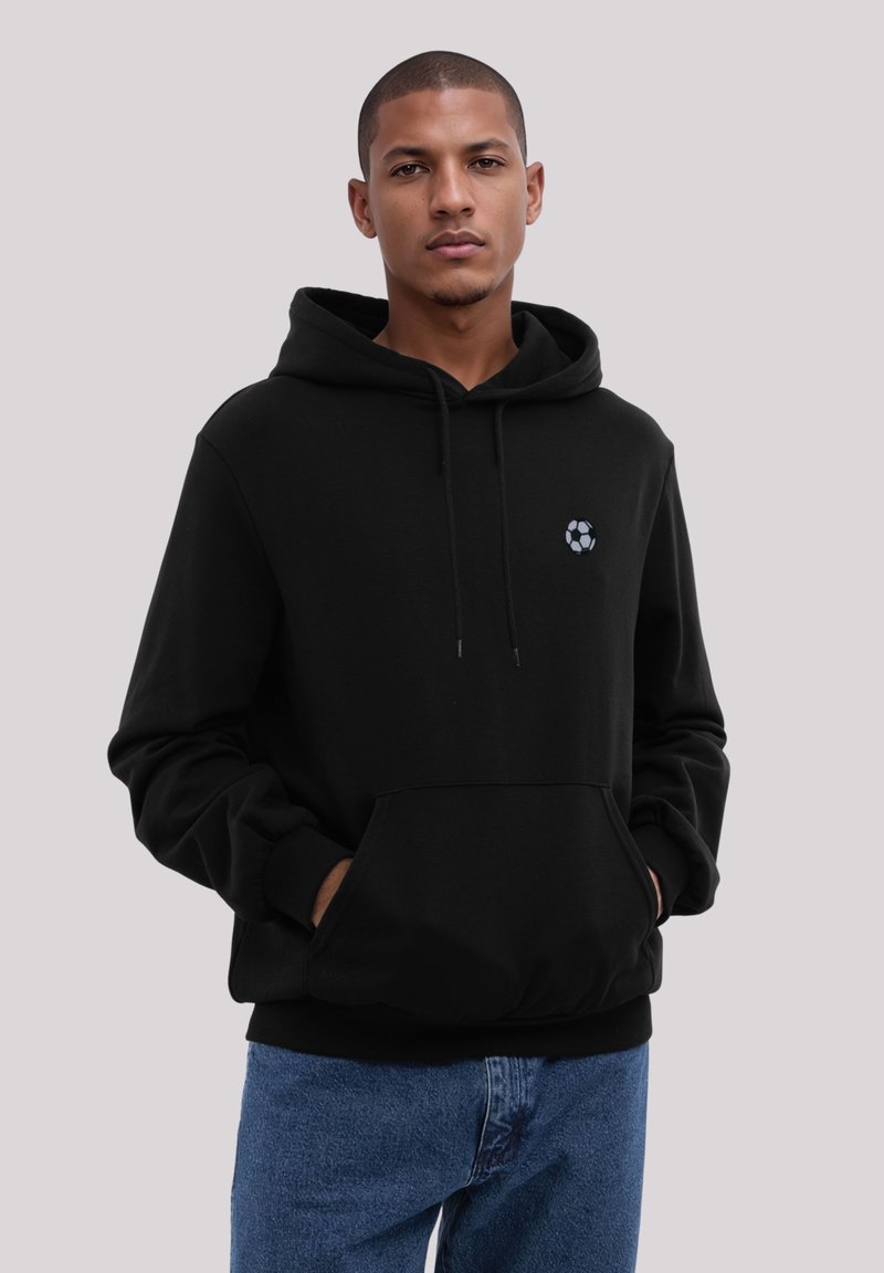 Black hoodie made of cotton blend, features a front pocket, drawstring hood, and a small soccer ball graphic on the chest. Casual fit with ribbed cuffs.