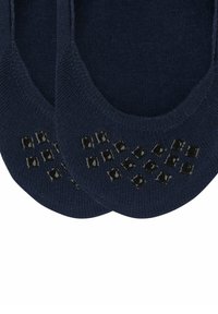 Marineblaue rutschfeste Socken mit einer strukturierten Oberfläche und schwarzen Silikongreif-Punkten, die im Zehenbereich in einem Rautenmuster angeordnet sind.