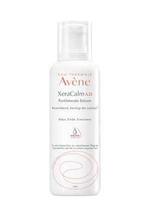 White plastic bottle with a pump dispenser, featuring red text. Label states "Avene XeraCalm A.D." and includes a swirl design.