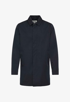 Men’s dark navy single-breasted coat with pointed collar, concealed buttons, long sleeves, and side pockets.