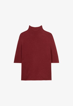 Burgundy turtleneck sweater made of soft knit material, features short sleeves and a fitted neckline, with a smooth texture and minimalist design.