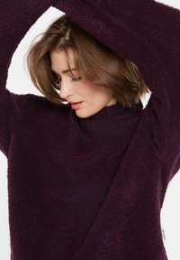 Plüschiger, tief violetter Pullover mit hohem Kragen und langen Ärmeln, der eine weiche Textur und eine lockere Passform bietet. Minimales Logo-Detail am Saum.