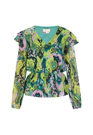 Blusa multicolore e fantasia con scollo a V, maniche a sbuffo e vita a peplum, caratterizzata da tonalità di verde, rosa e nero. Tessuto leggero.