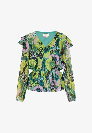 Mitmevärviline, mustriline pluus V-kaelusega, frill varrukatega ja peplum vöökohaga, esitleb roheliste, roosade ja mustade toonide kombinatsiooni. Kergetest kangast.