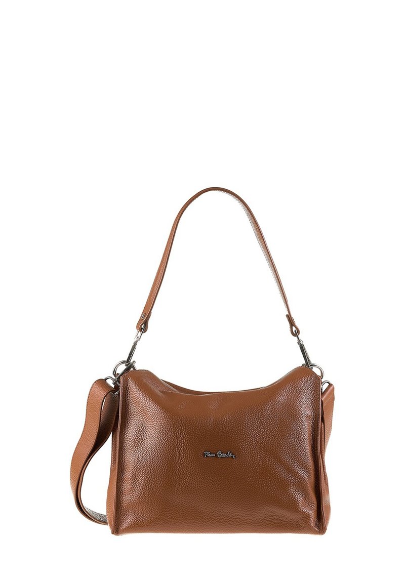 Borsa a spalla in pelle marrone con finitura testurizzata, tracolla regolabile singola e un logo discreto sulla parte anteriore. Forma morbida e sformata.