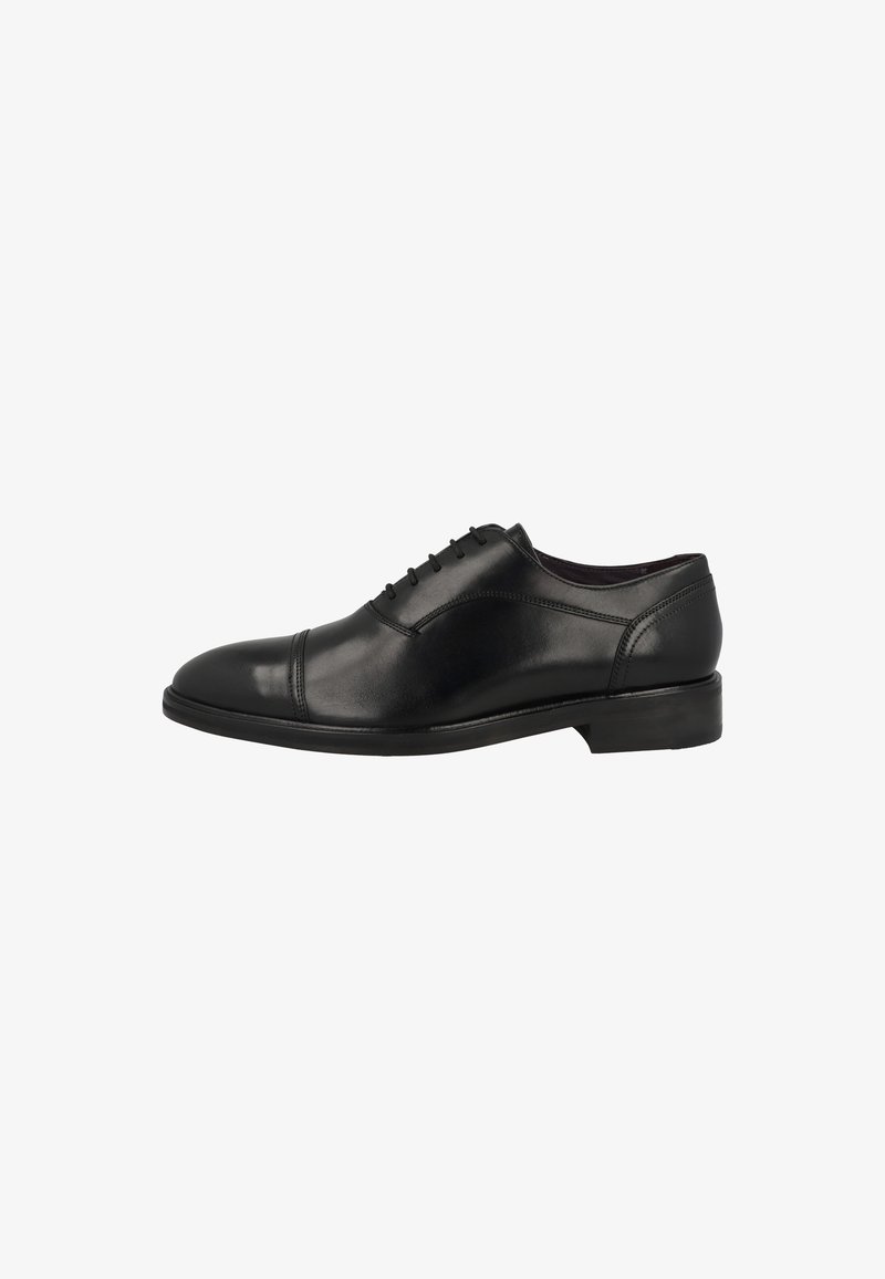 Scarpa formale in pelle nera con punta arrotondata, finitura liscia e tacco basso. Presenta un design con lacci e sottili dettagli cuciti.