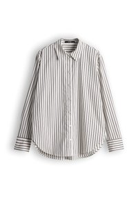 Weißes Hemd mit schwarzen, schmalen vertikalen Streifen, spitzem Kragen, langen Ärmeln und abgerundetem Saum.