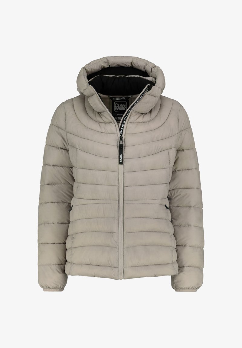 Hellgraue Pufferjacke mit Kapuze, mit einem gesteppte Design, Frontreißverschluss und Seitentaschen. Das Material wirkt glatt und strapazierfähig.