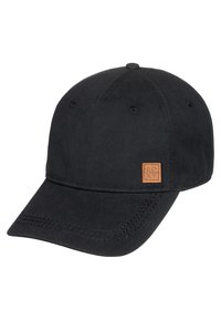 Black cap made of sturdy fabric with a curved brim, featuring a woven leather-like patch with the brand name on the front side.
