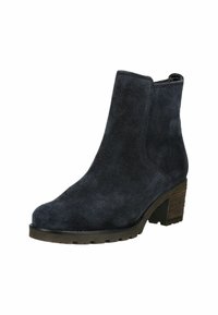 Bottes mi-hautes en daim bleu marine avec un bout rond, un talon empilé et des détails texturés sur les côtés. Comprend une fermeture à glissière sur le côté intérieur.