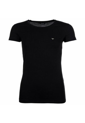 Czarny dopasowany t-shirt z krótkim rękawem i okrągłym dekoltem, z małym szarym logo na lewej piersi.