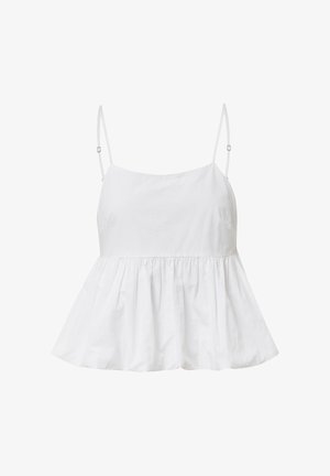 Weißes Baumwoll-Camisole mit dünnen, verstellbaren Trägern, gerafftem Peplum-Saum, glatter Textur und einem einfachen, minimalistischen Design.