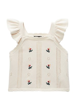 Haut sans manches en maille crème avec bretelles volantées et petits motifs floraux brodés en rangées verticales.