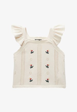 Haut sans manches en maille crème avec bretelles volantées et petits motifs floraux brodés en rangées verticales.