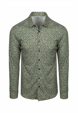 Langärmliges Hemd mit Knopfleiste, grün-weiß-blauem kleinem Kreis-Muster, weitem Kragen und mittelgroßem Etikett.