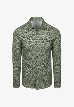 Overhemd met lange mouwen en knopen, met een klein rond patroon in groen, wit en blauw, een spreidkraag en een medium label.