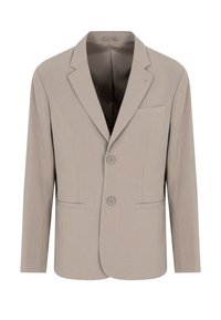 Blazer beige sartoriale con due bottoni, rever a toppa, tasche frontali e una texture liscia. Interno foderato con un colore uniforme.