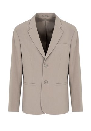 Blazer beige sartoriale con due bottoni, rever a toppa, tasche frontali e una texture liscia. Interno foderato con un colore uniforme.