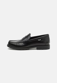 Mustad mustad nahast loafers ümarate varvastega, õmmeldud detailide ja väikese logo aktsendiga küljel. Vastupidav kummitald, mis tagab haarduvuse.