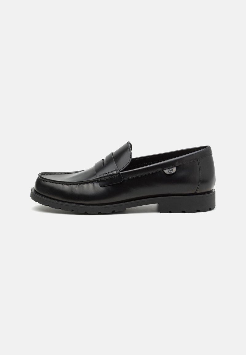 Mustad mustad nahast loafers ümarate varvastega, õmmeldud detailide ja väikese logo aktsendiga küljel. Vastupidav kummitald, mis tagab haarduvuse.