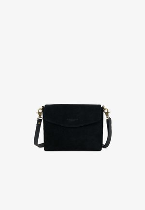 Black suede crossbody bag with a flap closure, gold-tone hardware, and a detachable shoulder strap. Smooth texture, minimalist design.