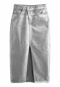 Silberne, metallische Jeansrock mit knielanger Gestaltung, schmalem Schlitz vorne, zwei Seitentaschen und normalem Bund mit Gürtelschlaufen.