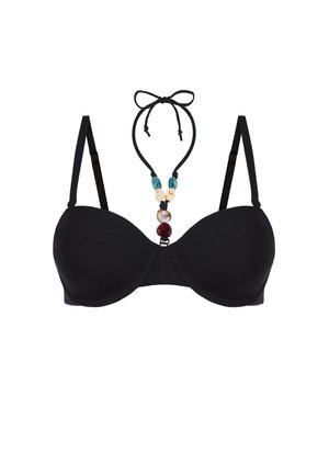 Czarny ocieplany top bikini z regulowanymi ramiączkami na ramiona i wiązaniem na szyi w stylu halter, ozdobiony kolorowymi koralikami w odcieniach niebieskiego, białego, brązowego i czerwonego.