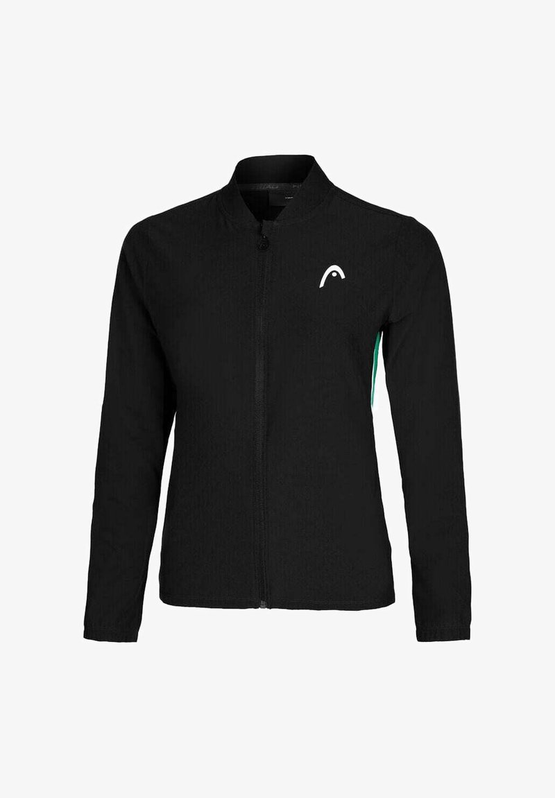 Chaqueta negra de manga larga con cierre frontal y cuello alzado, y acentos verdes en los costados. Presenta un logo blanco en el lado izquierdo del pecho. Textura de tela suave.