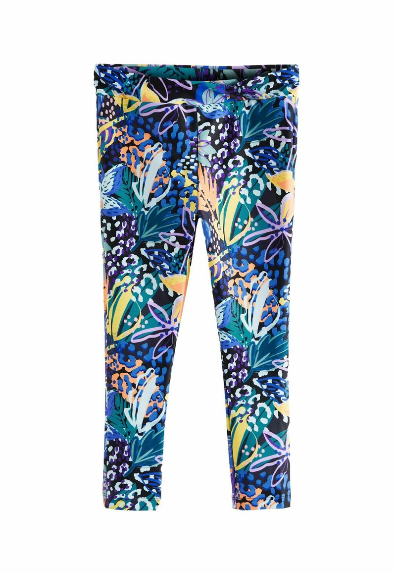 Leggings floreali in un materiale elastico, con un motivo colorato di foglie e fiori in blu, verde e giallo su uno sfondo nero.